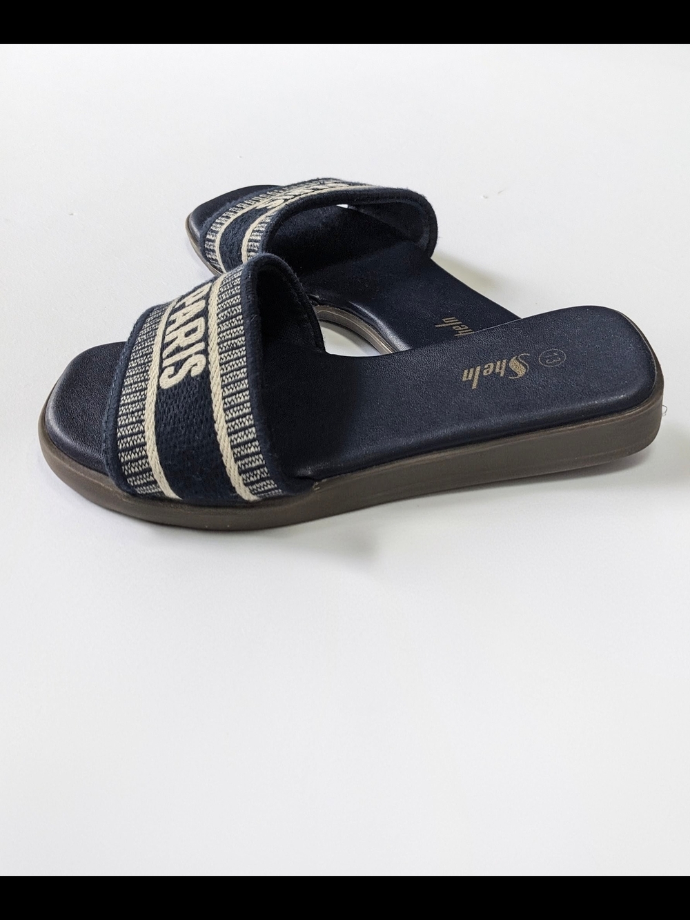 ⚡Girls SHEIN Navy Slide Sandals with 'PARIS' Cream Woven Band